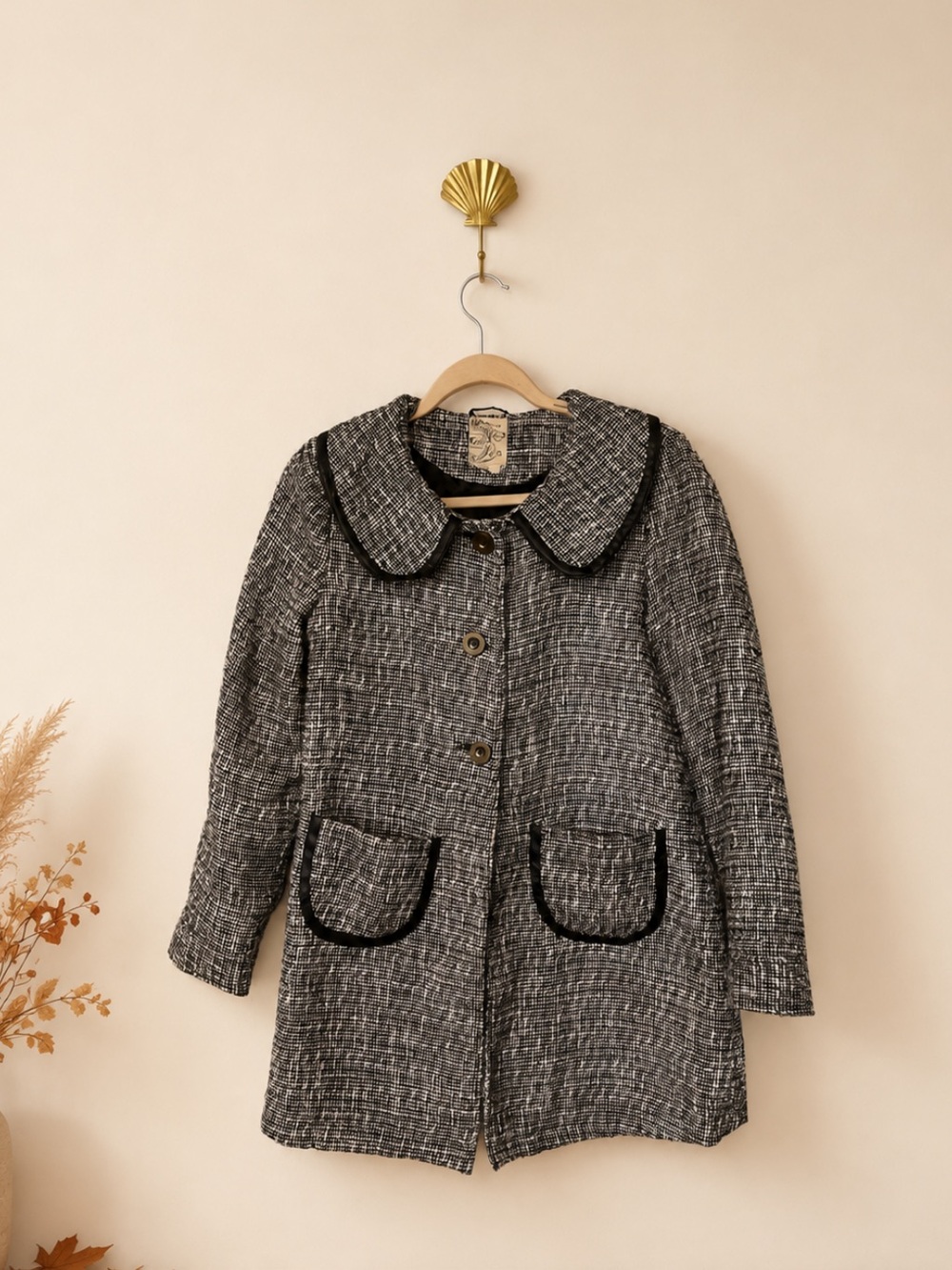 Tulle Black & White Tweed Pea Coat Peter Pan Collar Size S Light Vintage Inspo